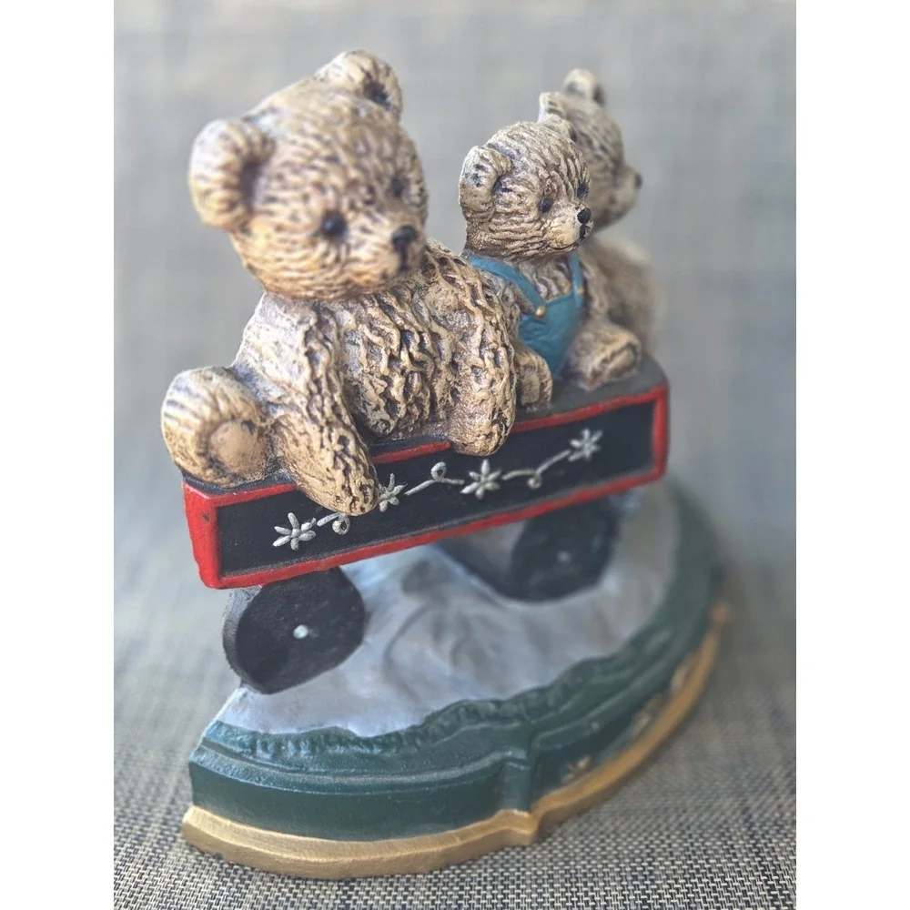 Vtg 🧸 Three Teddy Bear Cast Iron Train Car Doorstop Bookend Decor Heavy